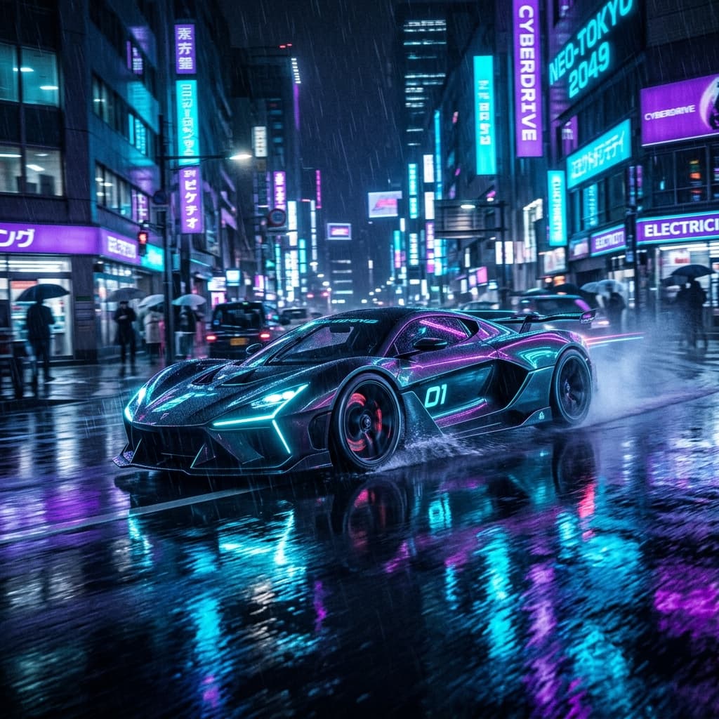 Photographie d'une voiture de sport sur route mouillée la nuit avec des reflets de néons de la ville