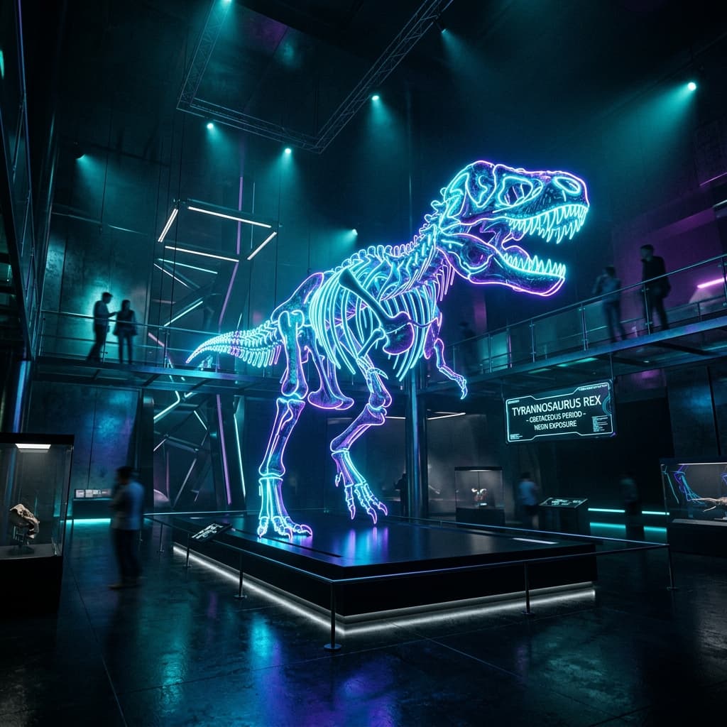Photographie d'un squelette de tyrannosaure géant rétroéclairé par des projecteurs néon bleus et violets dans un musée futuriste