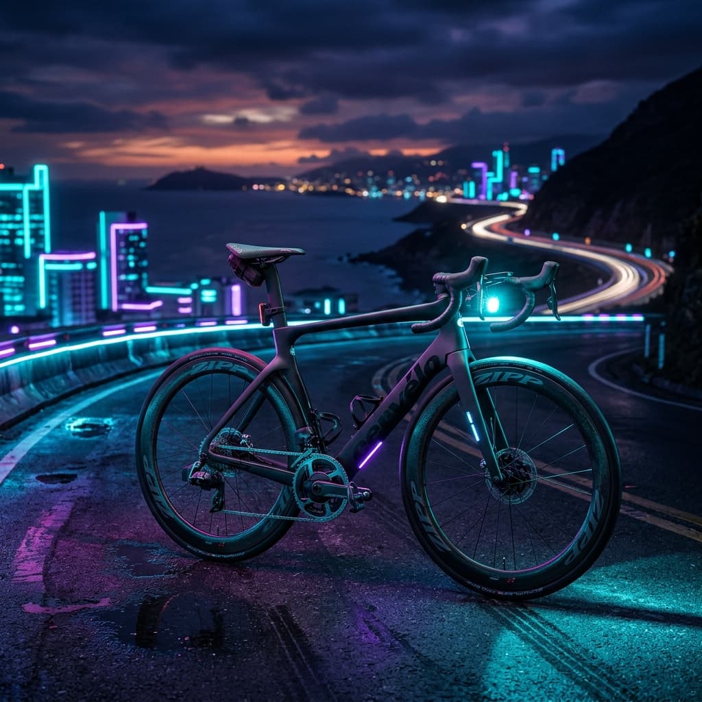 Photographie artistique d'un vélo de route à la tombée de la nuit avec des reflets néons